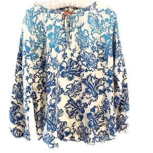 Sundance 100% Silk Cream & Blue Floral Blouse Size XS